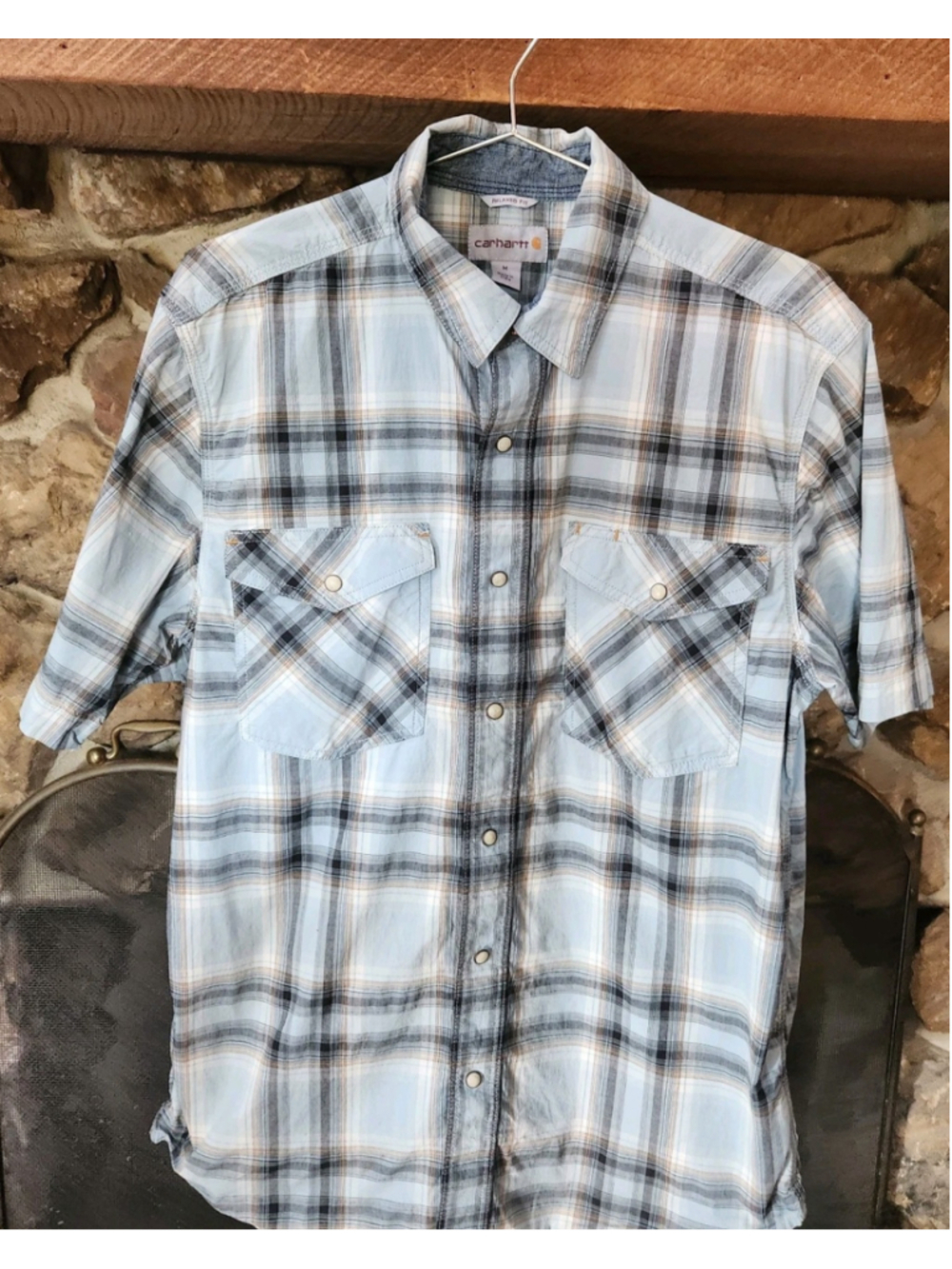 Carhartt Mens Pearl Snap Shirt Medium Short Sleeves Pockets Relaxed Fit Plaid